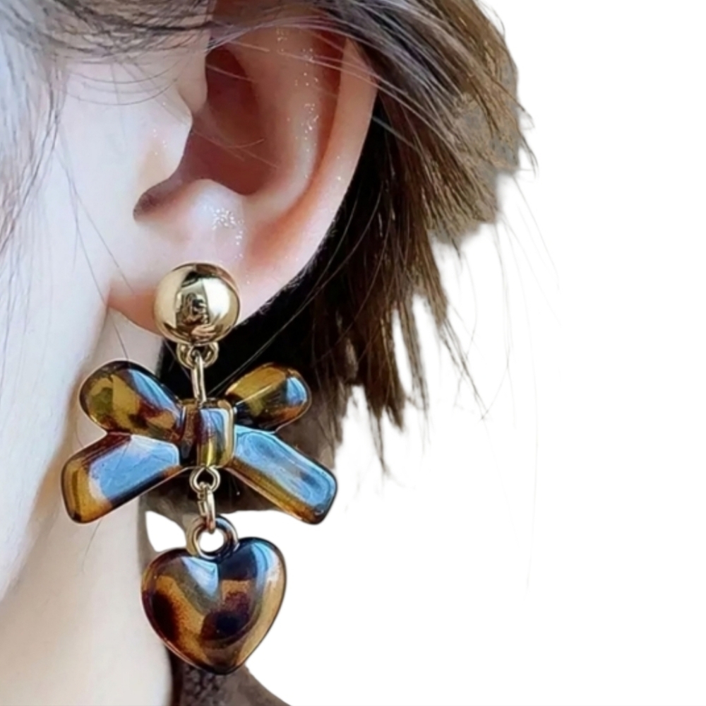 Leopard Cheetah Animal Earrings Print Bow Dangle Gold Bead
